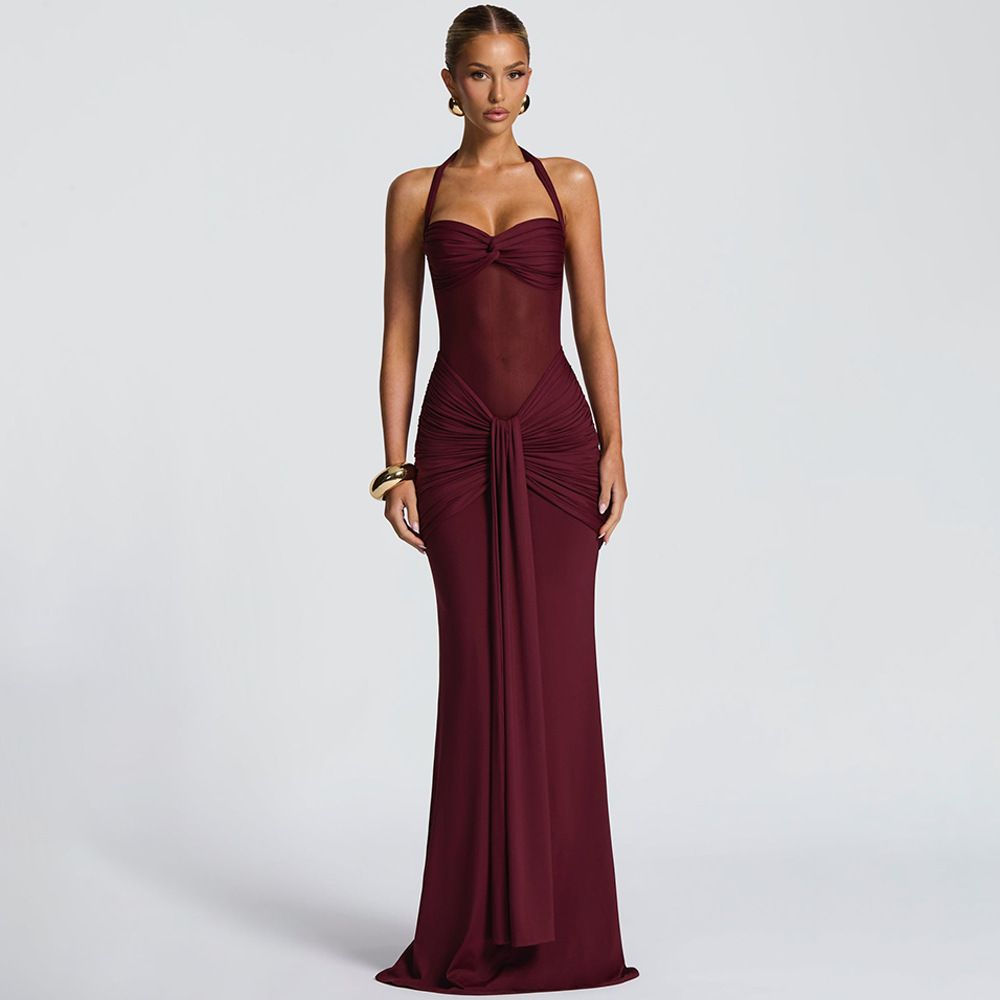 Halter Backless Sexy Maxi Dress Women Fashion Patchwork Off-shoulder Sleeveless Ruched Draped Bodycon Club Party Dress