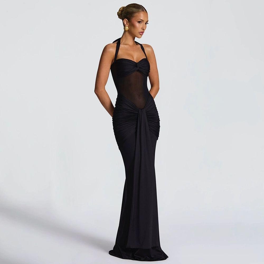 Halter Backless Sexy Maxi Dress Women Fashion Patchwork Off-shoulder Sleeveless Ruched Draped Bodycon Club Party Dress