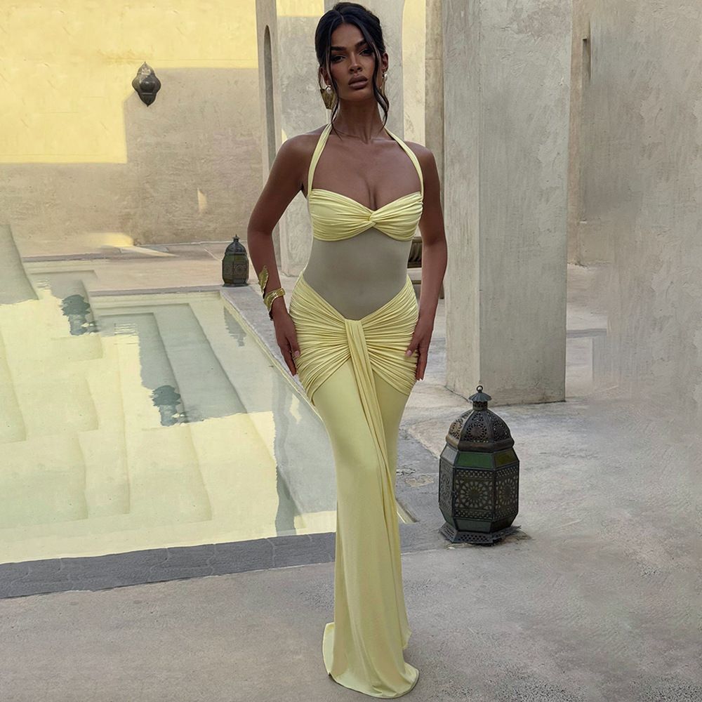 Halter Backless Sexy Maxi Dress Women Fashion Patchwork Off-shoulder Sleeveless Ruched Draped Bodycon Club Party Dress