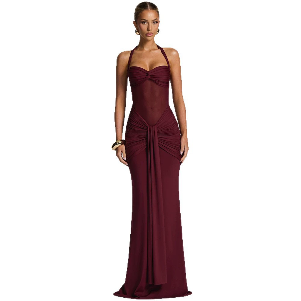 Halter Backless Sexy Maxi Dress Women Fashion Patchwork Off-shoulder Sleeveless Ruched Draped Bodycon Club Party Dress