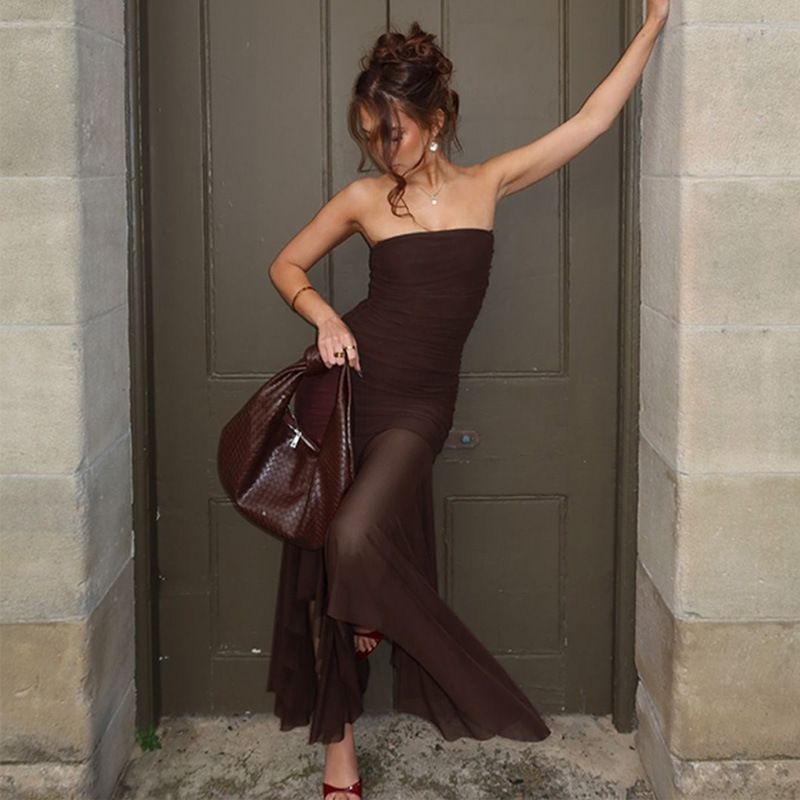 New Women's Strapless Dress Mesh Patchwork Sexy Slim Dating White Pleated Nightclub Stylish Black Midi Skirt