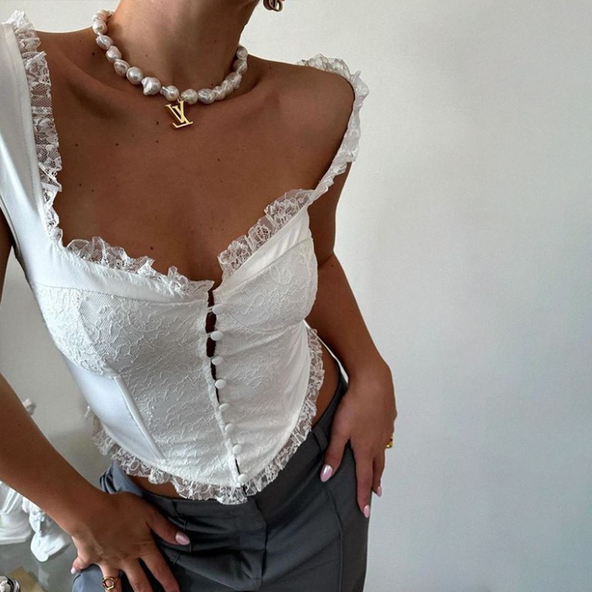 Lace Ruffles Patchwork Fishbone Corset Tank Crop Tops Women Fashion Solid Sqare Neck Sleeveless Single Breasted Casual Vests Tee