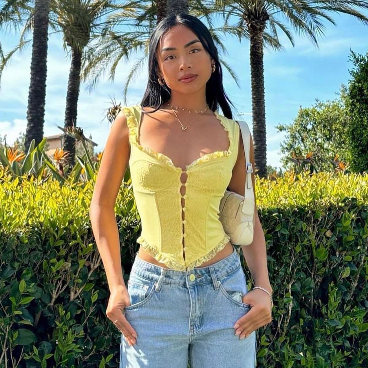 Lace Ruffles Patchwork Fishbone Corset Tank Crop Tops Women Fashion Solid Sqare Neck Sleeveless Single Breasted Casual Vests Tee