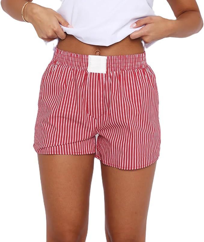 Women's Y2K Elastic Waisted Striped Shorts Pyjamas Bottoms Loungewear Summer Beach Shorts Wide Leg Boxers Boyshorts
