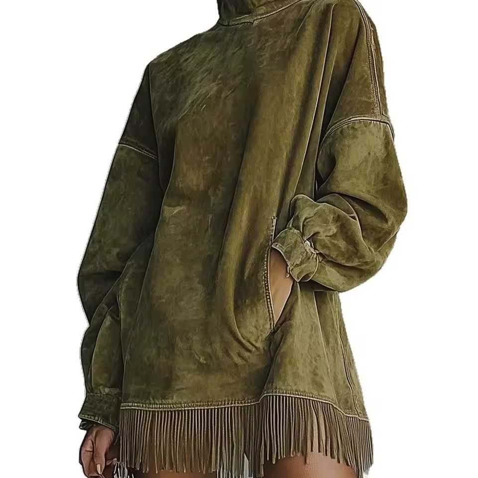 Fashion Retro Suede Tassel Mini Dress High Neck Long Sleeve Pockets Fringe Hem Dress Army Green Brown Autumn Party Dress