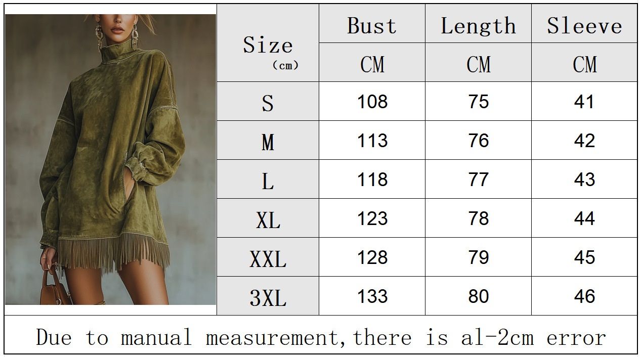 Fashion Retro Suede Tassel Mini Dress High Neck Long Sleeve Pockets Fringe Hem Dress Army Green Brown Autumn Party Dress