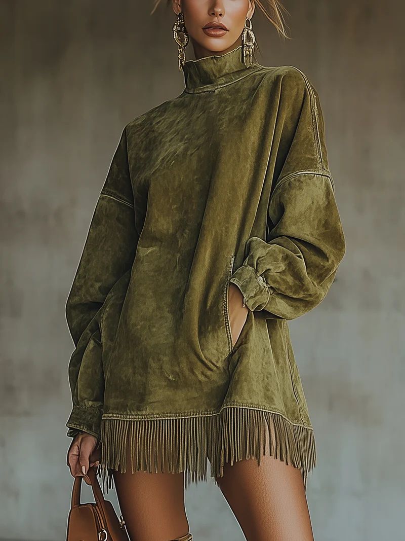 Fashion Retro Suede Tassel Mini Dress High Neck Long Sleeve Pockets Fringe Hem Dress Army Green Brown Autumn Party Dress