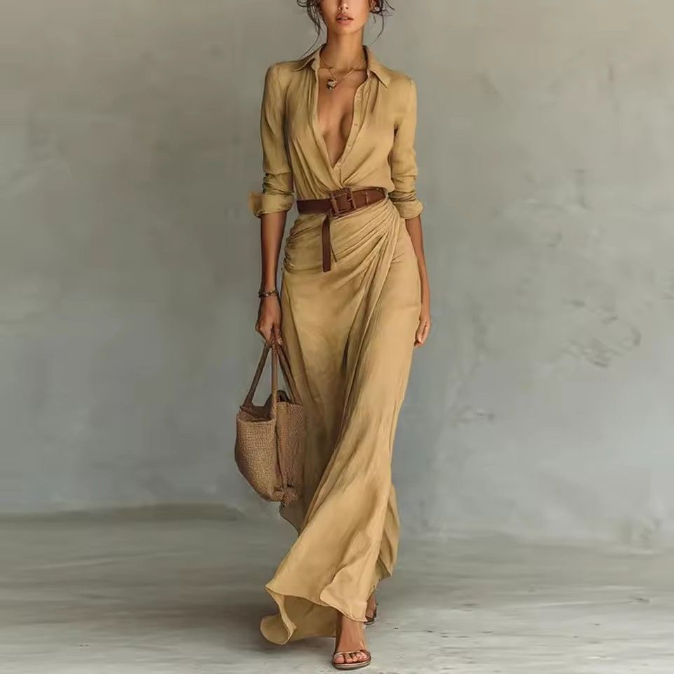 Woman Sexy Deep V Neck Hollow Long Dress Elegant Solid Belted Irregular Party Dresses New Autumn Long Sleeve Slim Casual Dresses