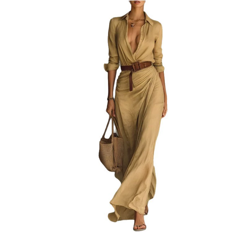 Woman Sexy Deep V Neck Hollow Long Dress Elegant Solid Belted Irregular Party Dresses New Autumn Long Sleeve Slim Casual Dresses