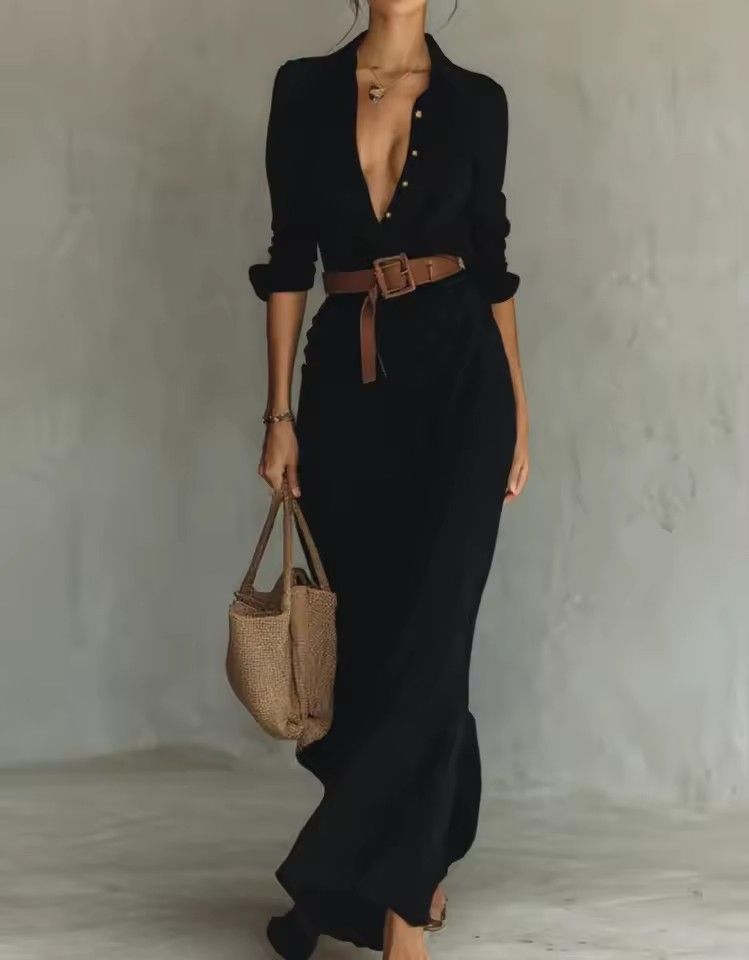 Woman Sexy Deep V Neck Hollow Long Dress Elegant Solid Belted Irregular Party Dresses New Autumn Long Sleeve Slim Casual Dresses