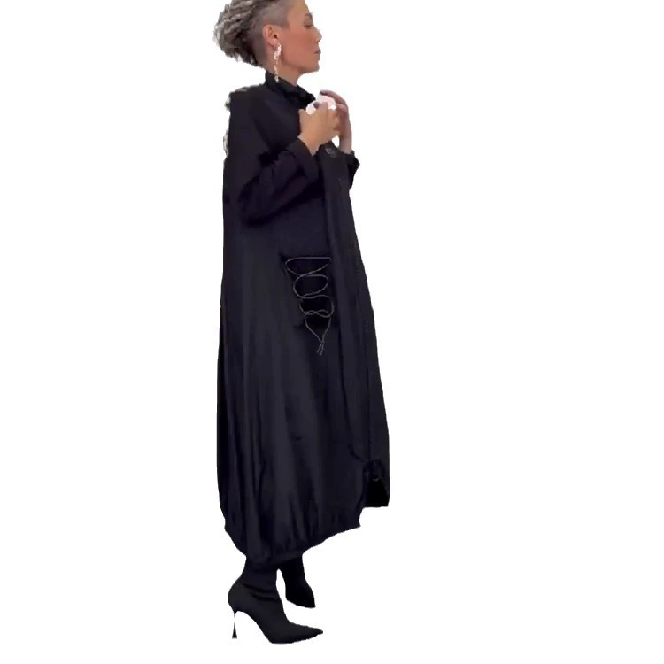 Women Black Drawstring Hollow Out Big Size Irregular Dress New Long Sleeve Fashion Tide Spring Autumn Dresses