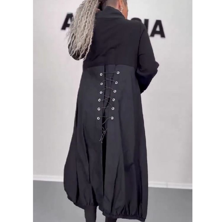 Women Black Drawstring Hollow Out Big Size Irregular Dress New Long Sleeve Fashion Tide Spring Autumn Dresses