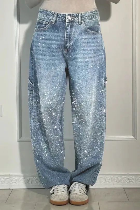 Fashion Rhinestones Jeans Women Loose Pocket Versatile Zipper Low Waist Straight Denim Trousers Female Spring Streetwea