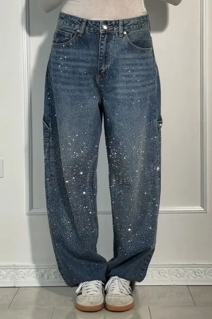 Fashion Rhinestones Jeans Women Loose Pocket Versatile Zipper Low Waist Straight Denim Trousers Female Spring Streetwea