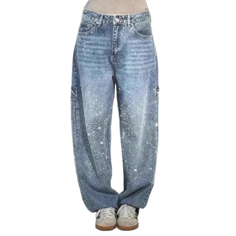 Fashion Rhinestones Jeans Women Loose Pocket Versatile Zipper Low Waist Straight Denim Trousers Female Spring Streetwea