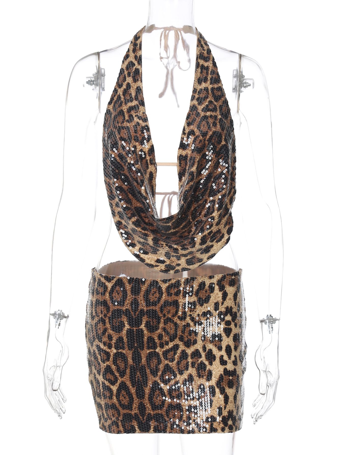 Autumn New Fashion Streetwear Leopard Printed Low Cut Crop Tops Wrapped Hip Mini Skirt Sequied Two Piece Sets Women