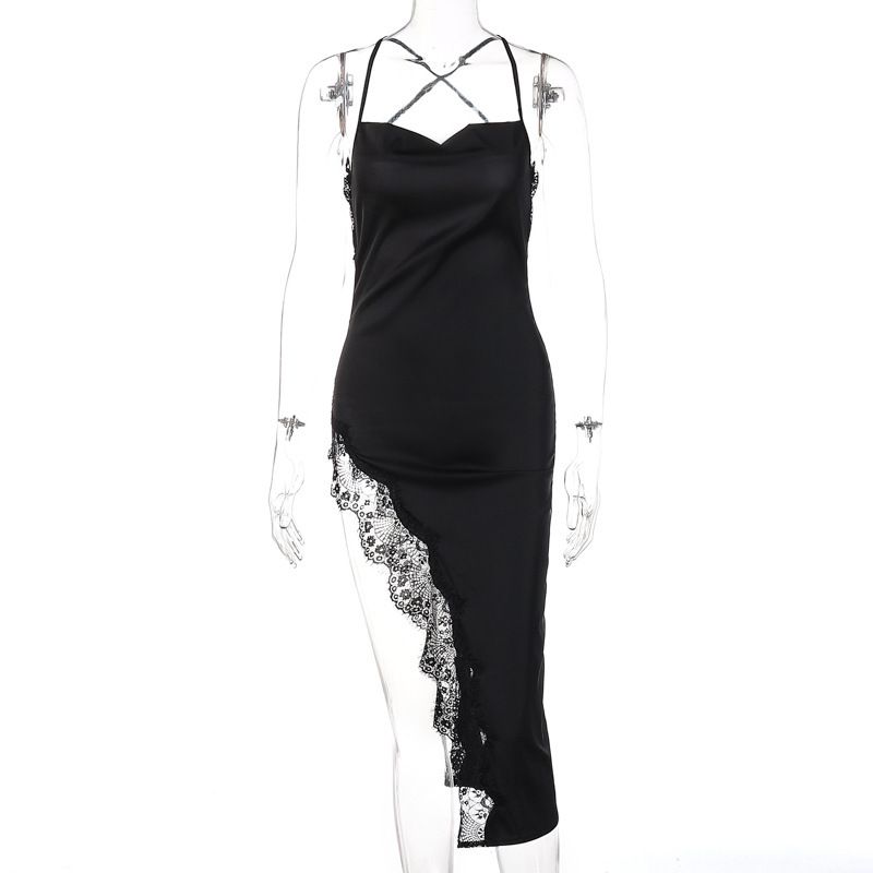 New Fashion Sexy Lace Evening Dress Women High Split Party Club Dress Elegant Sleeveless Solid Color Clothing