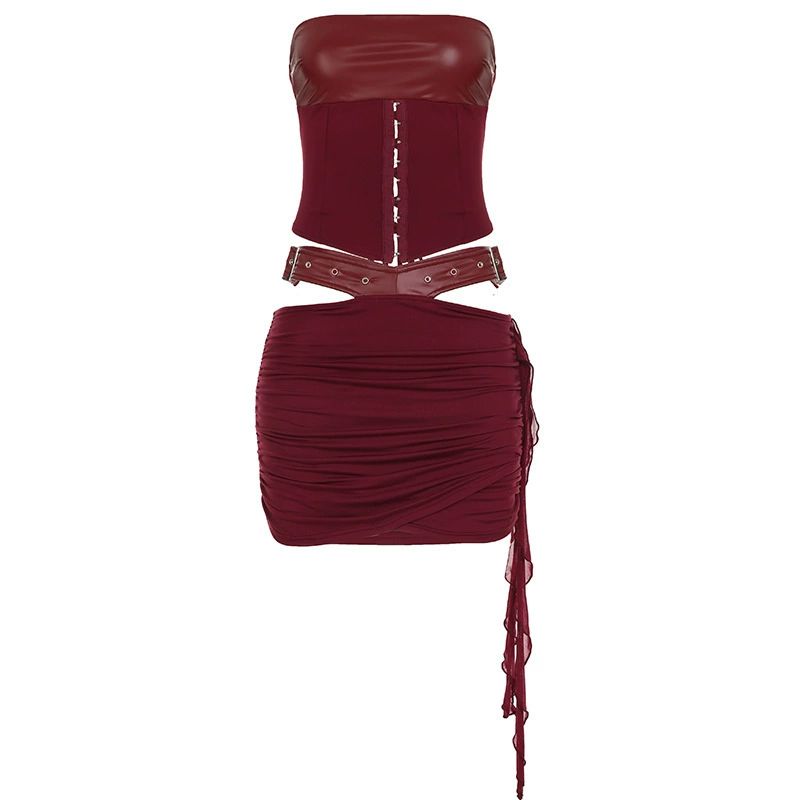 Women' 2 Piece Sets Sexy Leather Patchwork Lace-Up Corset Top and Hollow Out Mini Skirt Matching Party Club Outfits