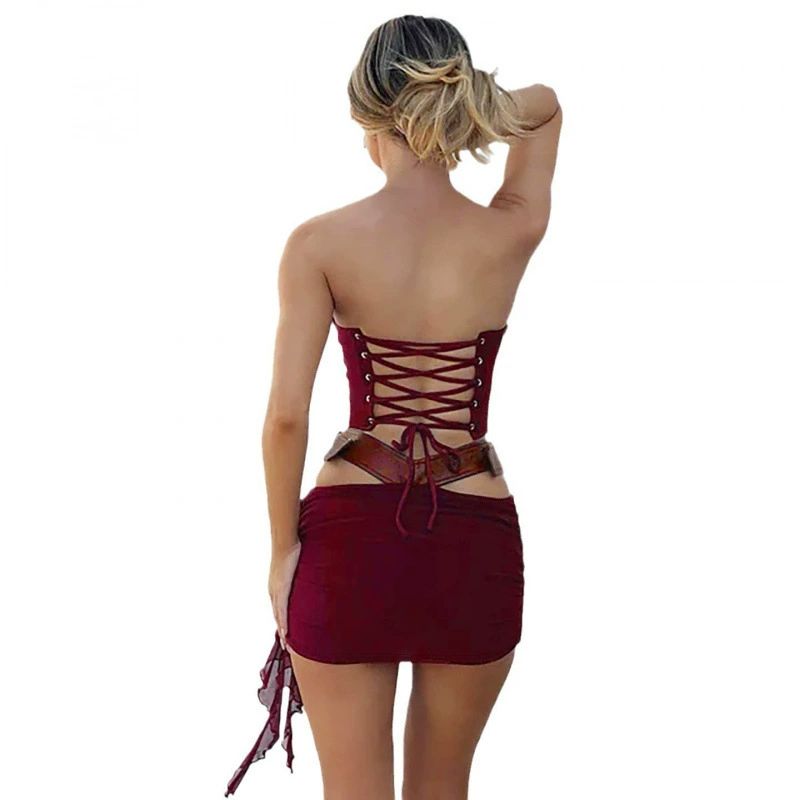 Women' 2 Piece Sets Sexy Leather Patchwork Lace-Up Corset Top and Hollow Out Mini Skirt Matching Party Club Outfits