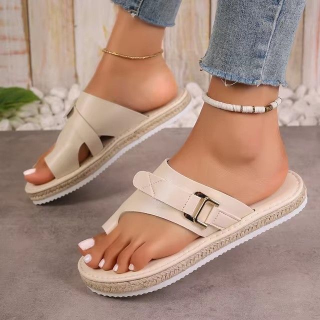 Women Sandals Outside Casual Beach Women Shoes Summer Brown Flats Women Flip Flops Walking Clip Toe Roman Buckle Ladies Sandals