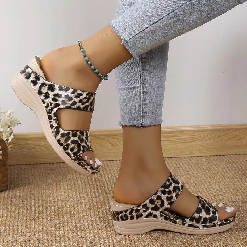 Women's Sandals Open Toe Slippers Outdoor Wedge Comfort Flip Flops Leopard Print Sexy Thick Sole Fish Mouth Shoes Wedge Sandals