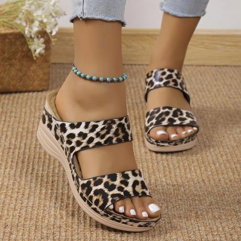 Women's Sandals Open Toe Slippers Outdoor Wedge Comfort Flip Flops Leopard Print Sexy Thick Sole Fish Mouth Shoes Wedge Sandals