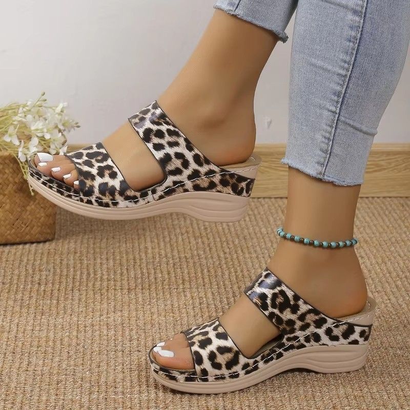 Women's Sandals Open Toe Slippers Outdoor Wedge Comfort Flip Flops Leopard Print Sexy Thick Sole Fish Mouth Shoes Wedge Sandals