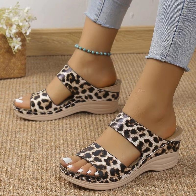 Women's Sandals Open Toe Slippers Outdoor Wedge Comfort Flip Flops Leopard Print Sexy Thick Sole Fish Mouth Shoes Wedge Sandals