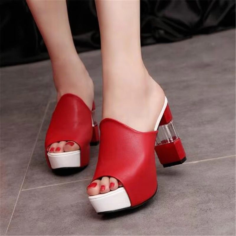 Ladies Leather Sole Slippers Women Sexy High Heel Mules Clogs Black Peep Toe Platform Mules Emal Slip on Sandals Shoes 2024