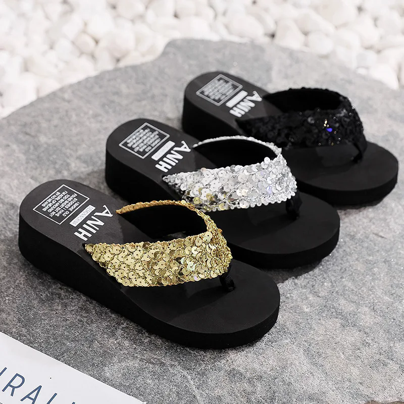 Women Summer Sandals Sequins Beach Female Flip Flops Ladies Slippers High Heels Shoes For Women 2024 Platform Wedges Slippers