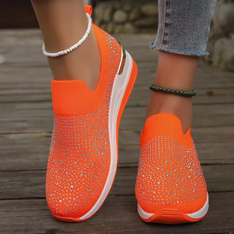Orange Rhinestone Casual Sneakers Breathable Wedge Women Lightweight Shoes Slip On 2025 New Comfortable Spring Mesh Sports Shoes