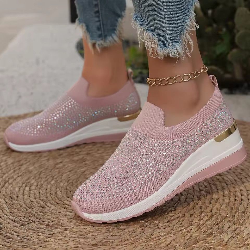 Orange Rhinestone Casual Sneakers Breathable Wedge Women Lightweight Shoes Slip On 2025 New Comfortable Spring Mesh Sports Shoes
