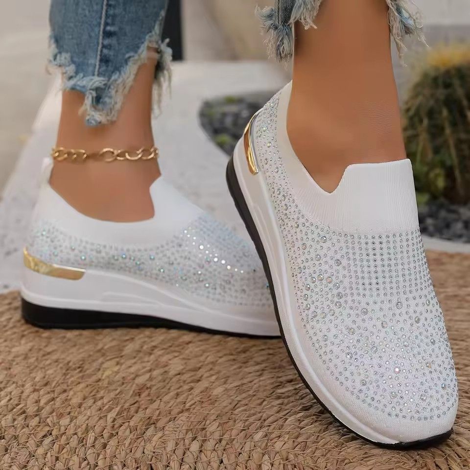 Orange Rhinestone Casual Sneakers Breathable Wedge Women Lightweight Shoes Slip On 2025 New Comfortable Spring Mesh Sports Shoes