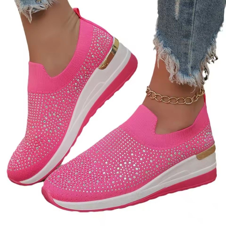 Orange Rhinestone Casual Sneakers Breathable Wedge Women Lightweight Shoes Slip On 2025 New Comfortable Spring Mesh Sports Shoes