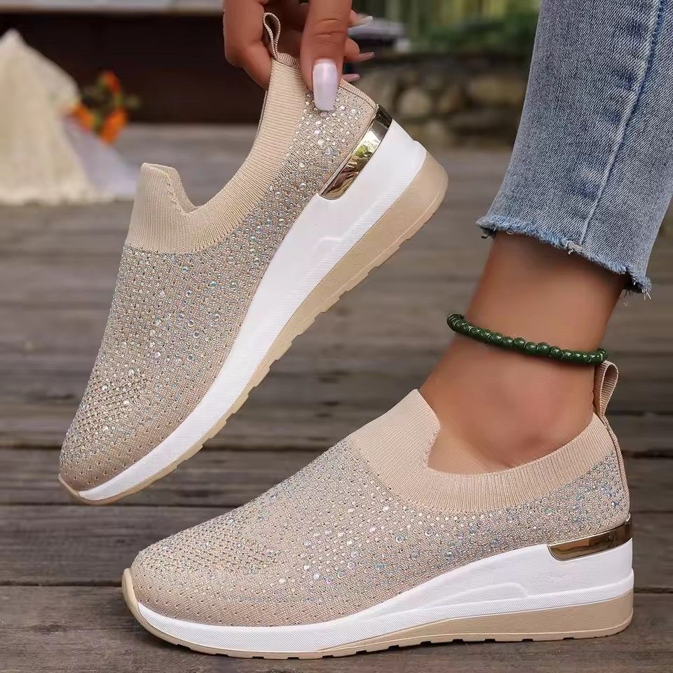 Orange Rhinestone Casual Sneakers Breathable Wedge Women Lightweight Shoes Slip On 2025 New Comfortable Spring Mesh Sports Shoes