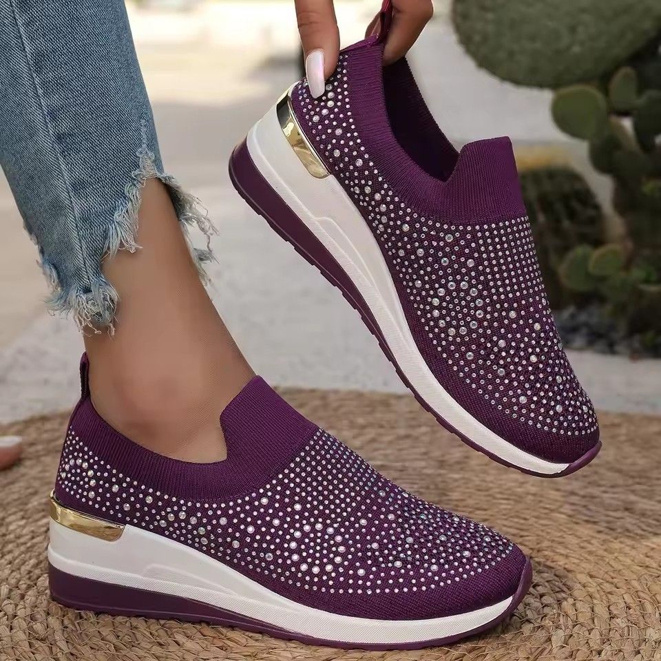 Orange Rhinestone Casual Sneakers Breathable Wedge Women Lightweight Shoes Slip On 2025 New Comfortable Spring Mesh Sports Shoes