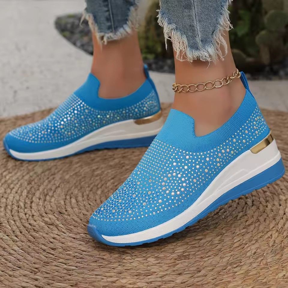 Orange Rhinestone Casual Sneakers Breathable Wedge Women Lightweight Shoes Slip On 2025 New Comfortable Spring Mesh Sports Shoes