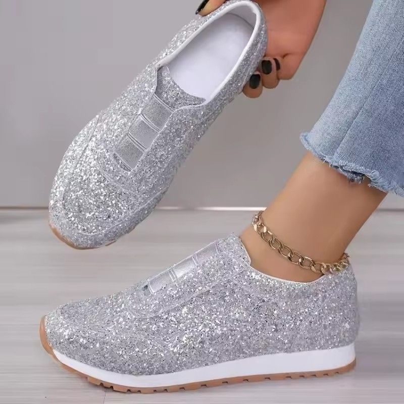 2025 Autumn New Fashion Slip-on Low-heeled Women Sneakers Gold Silver Trend Sport Shoes Ladies Outdoor Casual Walking Shoes