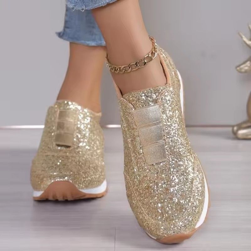 2025 Autumn New Fashion Slip-on Low-heeled Women Sneakers Gold Silver Trend Sport Shoes Ladies Outdoor Casual Walking Shoes