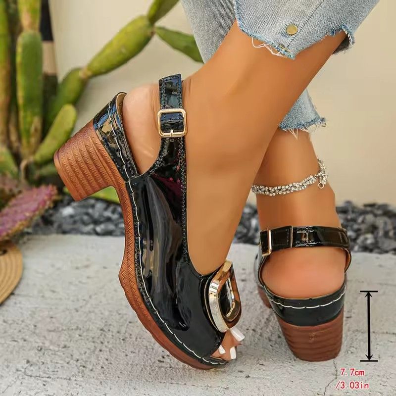 Elegant Ladies Peep Toe Pumps Spring Summer 2026 Patent Leather Back Strap High Heels Shoes Woman Plus Size Metal Buckle Sandals