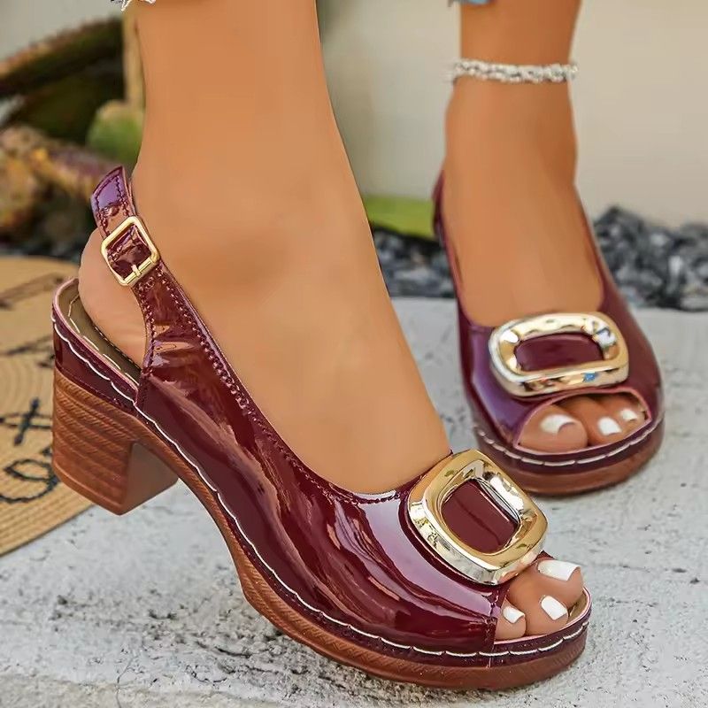 Elegant Ladies Peep Toe Pumps Spring Summer 2026 Patent Leather Back Strap High Heels Shoes Woman Plus Size Metal Buckle Sandals