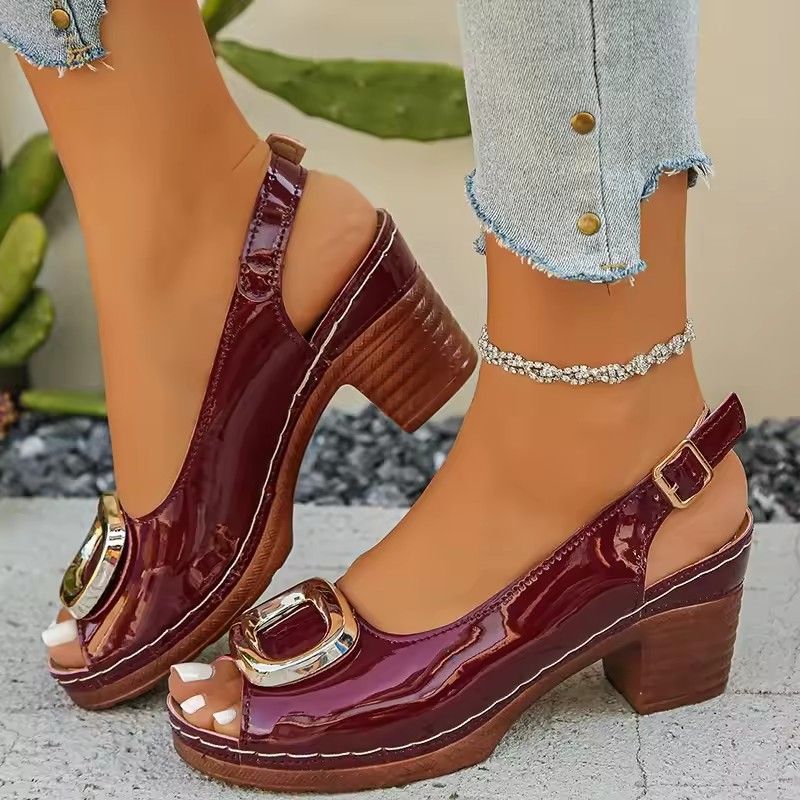 Elegant Ladies Peep Toe Pumps Spring Summer 2026 Patent Leather Back Strap High Heels Shoes Woman Plus Size Metal Buckle Sandals