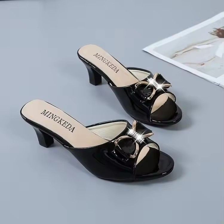 Summer Female Sandals Women Slippers Sexy Open Toe Fish Mouth Slippers Ladies Rhinestone Bowknot Slides Shoes Plus Size 42