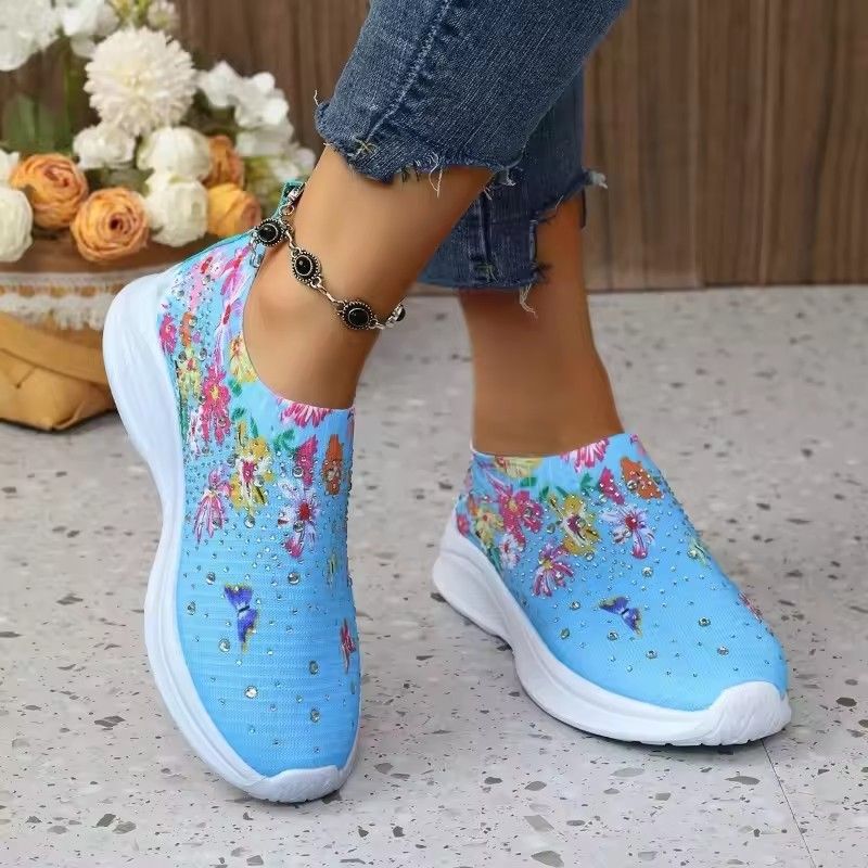 Flower Print Knitted Sneakers Women Shiny Crystal Breathable Walking Shoes Woman Plus Size Casual Non-Slip Sock Shoes Ladies