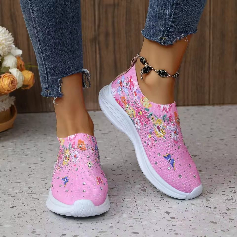 Flower Print Knitted Sneakers Women Shiny Crystal Breathable Walking Shoes Woman Plus Size Casual Non-Slip Sock Shoes Ladies