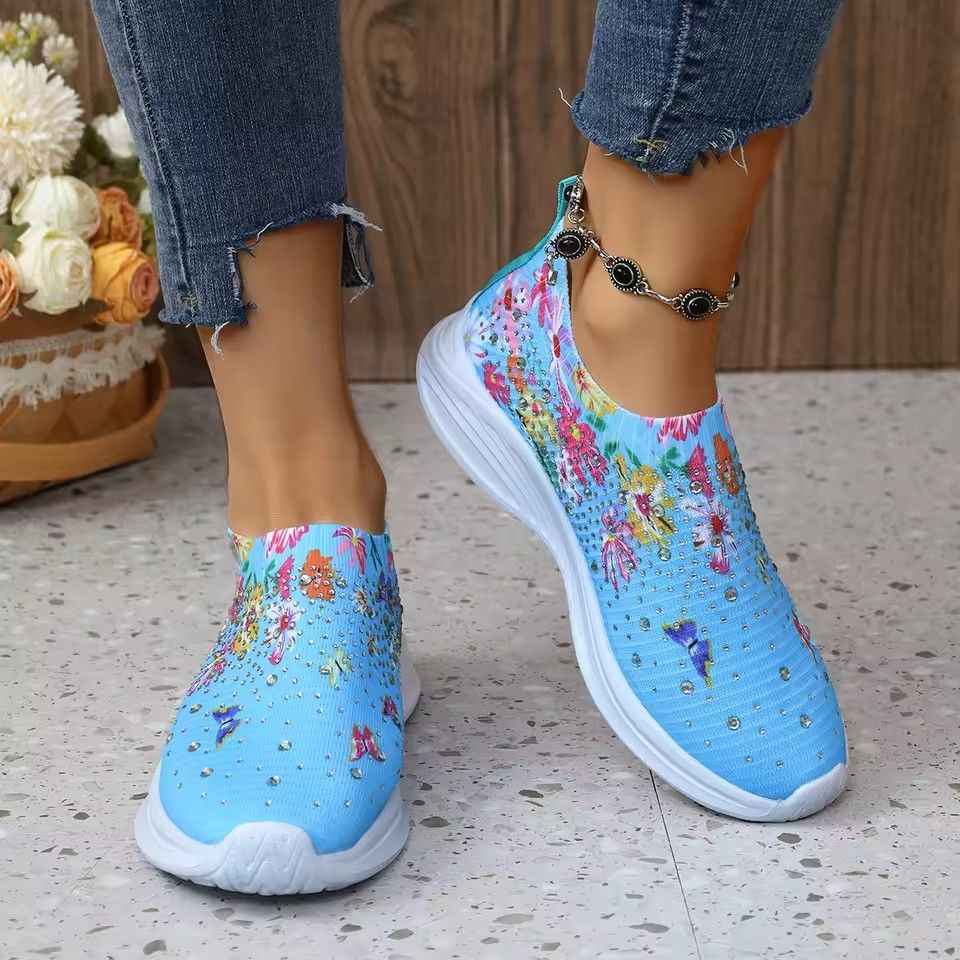 Flower Print Knitted Sneakers Women Shiny Crystal Breathable Walking Shoes Woman Plus Size Casual Non-Slip Sock Shoes Ladies