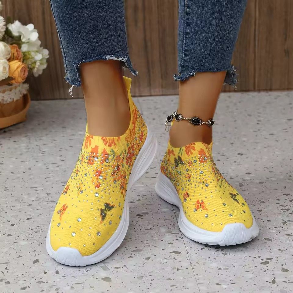 Flower Print Knitted Sneakers Women Shiny Crystal Breathable Walking Shoes Woman Plus Size Casual Non-Slip Sock Shoes Ladies