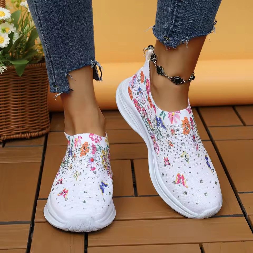Flower Print Knitted Sneakers Women Shiny Crystal Breathable Walking Shoes Woman Plus Size Casual Non-Slip Sock Shoes Ladies