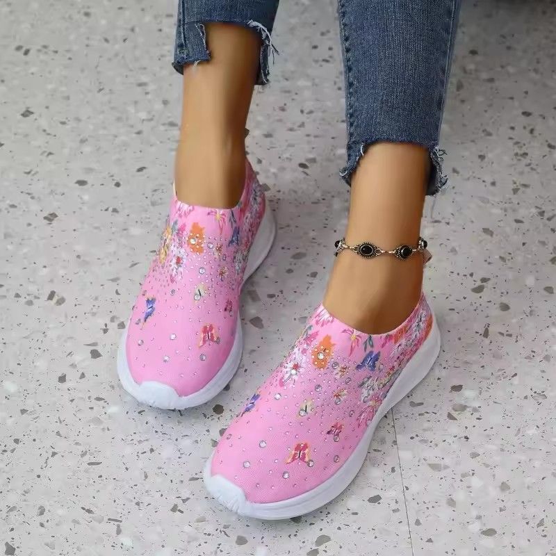 Flower Print Knitted Sneakers Women Shiny Crystal Breathable Walking Shoes Woman Plus Size Casual Non-Slip Sock Shoes Ladies