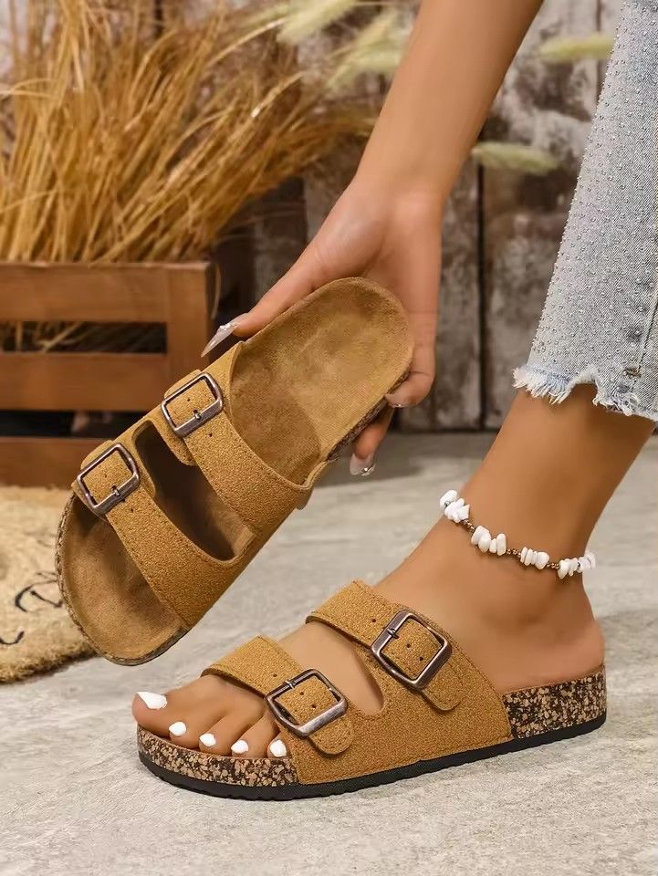 Women's Teen Mules New Spring and Summer Vintage Casual Slip-On Shoes Pu Upper Double Strap Half Slippers with Adjustable Buckle